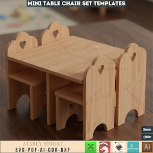 May include: A light-colored wooden mini table and chair set. The table has a square top and is accompanied by three chairs. Each chair back features a heart-shaped cutout. The set is designed for small spaces or children's use.