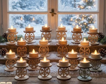 Snowflake TeaLight Candle Holder Bundle | 3D Wooden Laser Cut Ornaments | Winter Christmas Table Decor