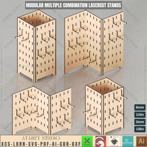 Puede incluir: Stands de exhibición modulares cortados con láser de madera. Los stands se pueden ensamblar en múltiples configuraciones. Los stands tienen un grosor de 6 mm (1/4 pulgada) y 3 mm (1/8 pulgada).