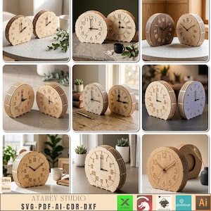 May include: A collection of circular wooden desk clocks featuring various face designs, including Arabic numerals and Roman numerals. The clocks are constructed with layered wood panels and black hands, showcasing different wood tones and finishes.