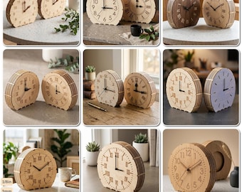 10Desk Clock Designs, Living Hinge Laser Cut Bundle, DIY Plywood Table Clocks Templates 1034