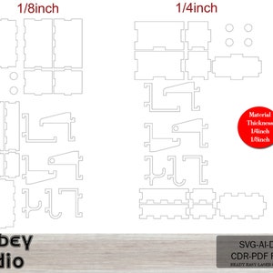 May include: A digital design file for a laser cut shelf unit. The design includes two different sizes, 1/8 inch and 1/4 inch, and includes the text "Material Thickness 1/4inch 1/8inch". The design is for a shelf unit with a hook on the side.