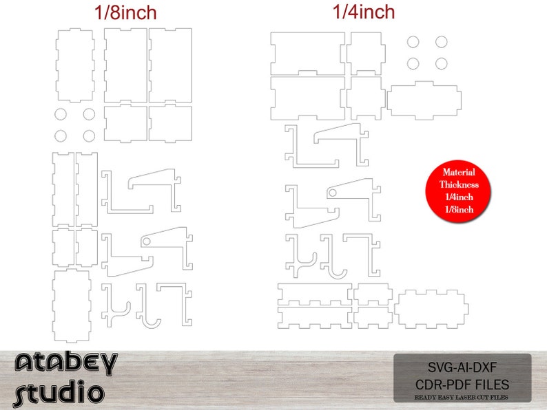 May include: A digital design file for a laser cut shelf unit. The design includes two different sizes, 1/8 inch and 1/4 inch, and includes the text "Material Thickness 1/4inch 1/8inch". The design is for a shelf unit with a hook on the side.