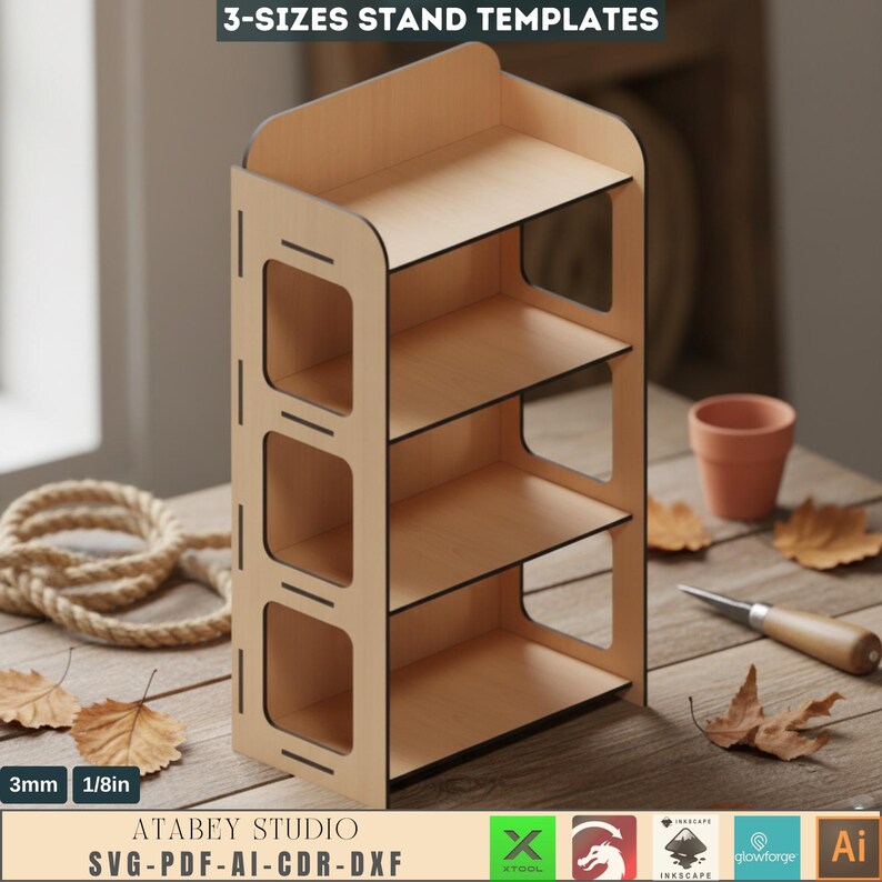 May include: A light brown, three-tiered stand with a rectangular frame and rounded top. The stand has three shelves and cut-out square details on the sides. The text "3-SIZES STAND TEMPLATES" and "ATABEY STUDIO" are visible.