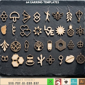 May include: A collection of 64 wooden earring templates in various shapes, including geometric designs, hearts, flowers, and a bee. The text "64 EARRING TEMPLATES" is at the top. The bottom of the image includes the text "ATABEY STUDIO SVG-PDF-AI-CDR-DXF".