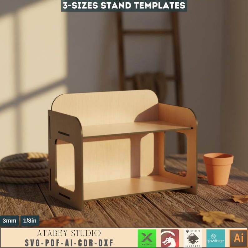 May include: A light-colored wooden stand with two shelves and a curved back. The stand is made of light-colored wood and has rectangular cutouts on the sides. The text "3-SIZES STAND TEMPLATES" is at the top. The stand is 1/8in thick.