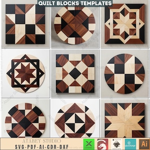 May include: Nine quilt block templates in various geometric designs. The blocks feature patterns in black, brown, and natural wood tones. The text "QUILT BLOCKS TEMPLATES" is at the top, and "ATABEY STUDIO" and file type information are at the bottom.