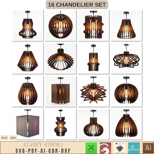 Peut inclure: Un ensemble de 16 suspensions en bois brun foncé aux formes géométriques et organiques variées, chacune dotée d'une ampoule centrale. Le lot indique une épaisseur de matériau de 3mm, présenté comme un 16 CHANDELIER SET par ATABEY STUDIO.