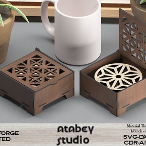 Wood Coasters With Box / Laser Ornament Box Cut files / Glowforge Drink Coaster Set / SVG, DXF, CDR Download 481 zdjęcie 1