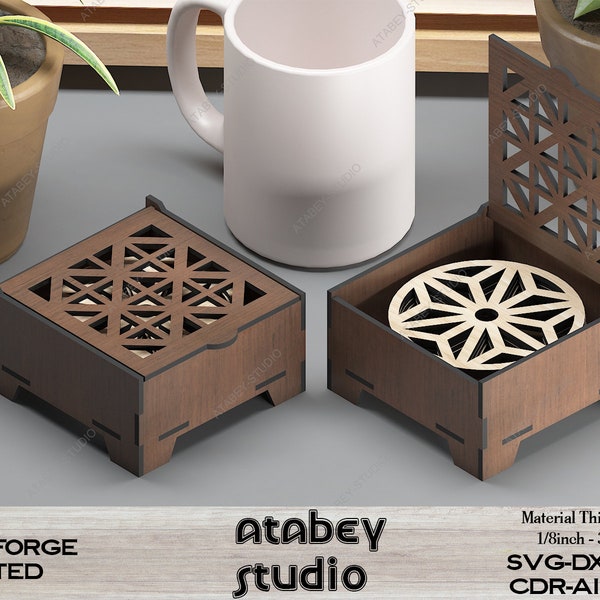 Wood Coasters With Box / Laser Ornament Box Cut files / Glowforge Drink Coaster Set / SVG, DXF, CDR Download 481