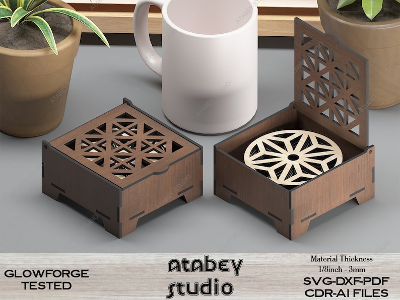 Wood Coasters With Box / Laser Ornament Box Cut files / Glowforge Drink Coaster Set / SVG, DXF, CDR Download 481 zdjęcie 1