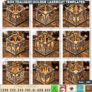 May include: A collection of laser-cut wooden box tealight holders. Each cube-shaped holder features intricate designs of trees, snowflakes, and other holiday-themed patterns. The text "BOX TEALIGHT HOLDER LASERCUT TEMPLATES" is at the top.