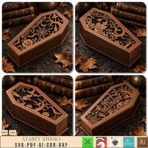 May include: A brown wooden coffin-shaped box featuring intricate laser-cut designs on the lid, including pumpkins, spiderwebs, bats, trees, and the text Happy Halloween. The box is designed for 1/8 inch material thickness as indicated.