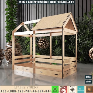 May include: A miniature Montessori bed template made of light-colored wood. The bed frame has a house-shaped roof and includes two drawers. The text "MINI MONTESORI BED TEMPLATE" is at the top. The image also includes the text "ATABEY STUDIO" and file format information.