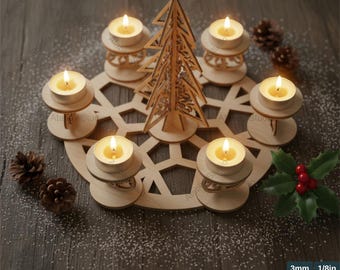 Festive 3D Christmas Tree Lantern Laser Cut File, Holiday Tealight Holder Template for Wood Decor, Snowflake Advent Wreath SVG DXF 968