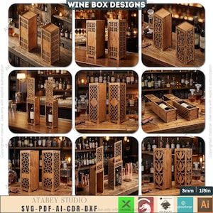 Puede incluir: Cajas de vino de madera con diseños decorativos calados. Las cajas, de diversas formas y tamaños, algunas con tapas y otras abiertas, muestran diferentes patrones. El texto "WINE BOX DESIGNS" está en la parte superior. Se exhiben en una barra de madera.