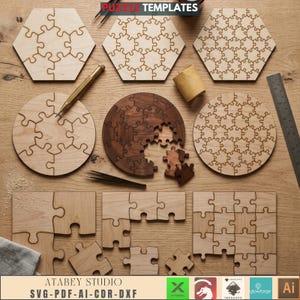 May include: Wooden puzzle templates in various shapes, including hexagons, circles, and squares. Some puzzles are assembled, while others are partially disassembled, showcasing individual pieces. The image includes text that reads "PUZZLE TEMPLATES" and "ATABEY STUDIO SVG-PDF-AI-CDR-DXF".