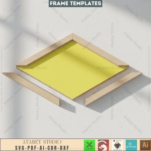 May include: A diamond-shaped frame template with a yellow center and light wood trim. Two additional wood pieces are positioned near the frame. The text "FRAME TEMPLATES" is at the top. The bottom of the image has the text "ATABEY STUDIO SVG-PDF-AI-CDR-DXF".