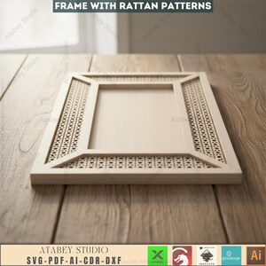 May include: A light-colored wooden frame with rattan patterns. The frame has a rectangular shape with a central opening and decorative woven patterns along the edges. The text "FRAME WITH RATTAN PATTERNS" is at the top. The bottom of the image has the text "ATABEY STUDIO SVG-PDF-AI-CDR-DXF".