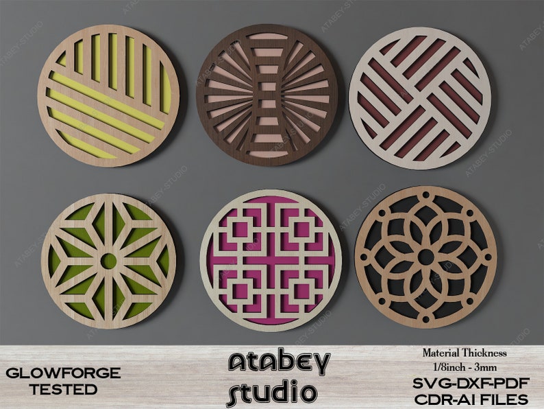 Wood Coasters With Box / Laser Ornament Box Cut files / Glowforge Drink Coaster Set / SVG, DXF, CDR Download 481 zdjęcie 3