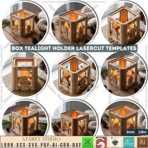 May include: Box tealight holder laser cut templates. These wooden candle holders feature festive designs, including Santa, reindeer, and Christmas trees. The text "BOX TEALIGHT HOLDER LASERCUT TEMPLATES" is visible. The holders are 1/8 inch thick.