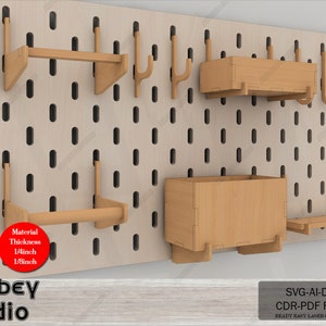 May include: A set of laser cut wooden pegboard shelves and hooks. The shelves are designed to fit a standard pegboard and come in a variety of sizes and shapes. The hooks are also designed to fit a standard pegboard and can be used to hang a variety of items. The set is made of 1/4 inch and 1/8 inch thick wood. SVG-AI-DXF CDR-PDF FILES READY EASY LASER CUT FILES