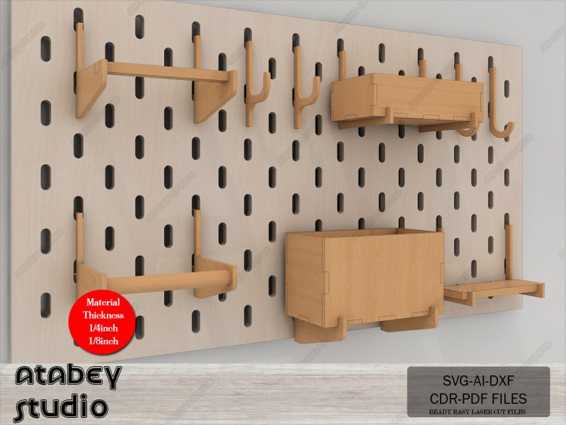 May include: A set of laser cut wooden pegboard shelves and hooks. The shelves are designed to fit a standard pegboard and come in a variety of sizes and shapes. The hooks are also designed to fit a standard pegboard and can be used to hang a variety of items. The set is made of 1/4 inch and 1/8 inch thick wood. SVG-AI-DXF CDR-PDF FILES READY EASY LASER CUT FILES