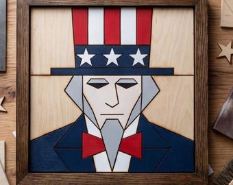 Uncle Sam 4th of July Wood Sign Patriotic Intarsia Pattern Independence Day Decor