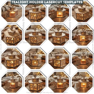 Op de afbeelding: Houten lasergesneden theelichthouders met sneeuwvlok- en geometrische ontwerpen. Elke houder heeft een kleine deur die opengaat om een brandende kaars te onthullen. De tekst "TEALIGHT HOLDER LASERCUT TEMPLATES" staat bovenaan.
