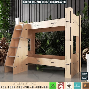 May include: A light-colored wooden mini bunk bed template with a ladder and a lower bed frame. The text "MINI BUNK BED TEMPLATE" is at the top. The image also includes the text "ATABEY STUDIO" and file type information.