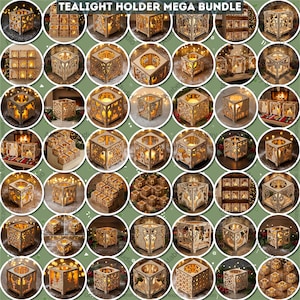 May include: A collection of wooden tealight holders in various sizes and designs. The holders are square-shaped with intricate cut-out patterns, including stars, deer, and geometric shapes. The image is a mega bundle of decorative candle holders.