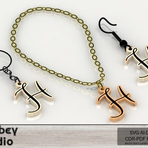 May include: A collection of wooden accessories featuring the letter "H". Includes a keychain, necklace, and earring. The letter "H" is black, with a light brown wooden base. The necklace has a gold chain. The image also includes the text "Atabey studio".