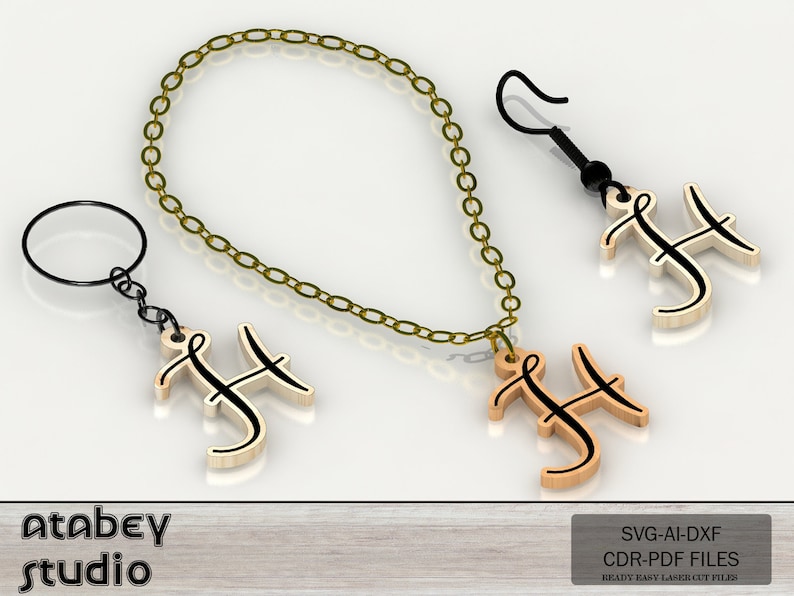 May include: A collection of wooden accessories featuring the letter "H". Includes a keychain, necklace, and earring. The letter "H" is black, with a light brown wooden base. The necklace has a gold chain. The image also includes the text "Atabey studio".