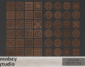 48 Geometric Patterns Laser Cut File Bundle, Modern Wall Art Panel SVG, Coaster and Jewelry Designs for Glowforge & Xtool 633