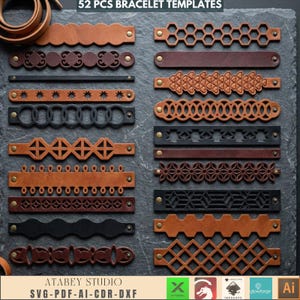 May include: An assortment of 52 leather bracelet templates in various designs and colors, including brown, black, and tan. The templates feature geometric patterns, cut-out designs, and rivet details. The text "52 PCS BRACELET TEMPLATES" is at the top.