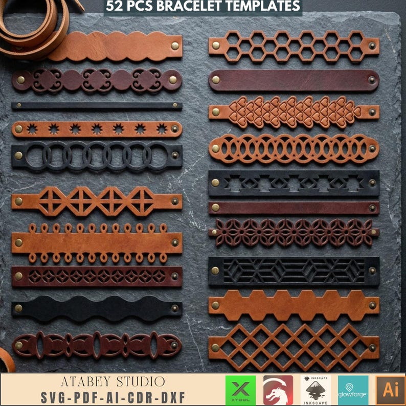 May include: An assortment of 52 leather bracelet templates in various designs and colors, including brown, black, and tan. The templates feature geometric patterns, cut-out designs, and rivet details. The text "52 PCS BRACELET TEMPLATES" is at the top.