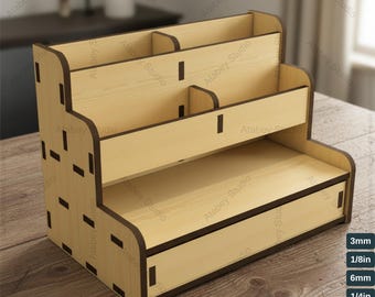 Laser Cut Desk Organizer with Drawer, Tiered Display Stand for Craft Fairs, Office Pen Holder for Glowforge & Xtool 778