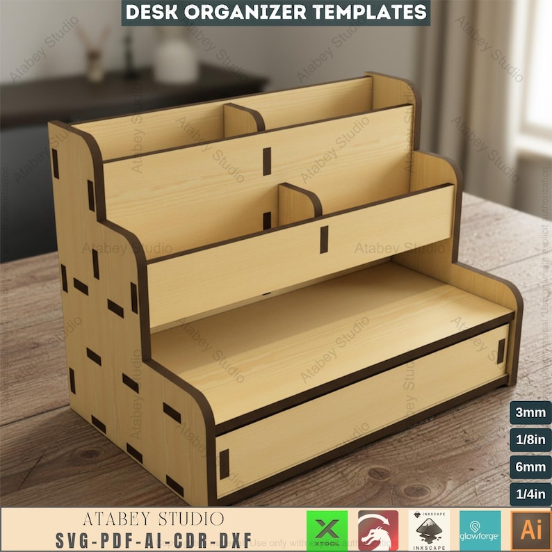 May include: A wooden desk organizer with multiple compartments and a drawer. The organizer has a tiered design with a light brown finish and dark brown trim. The text "DESK ORGANIZER TEMPLATES" is at the top. The organizer is 1/8 inch thick.