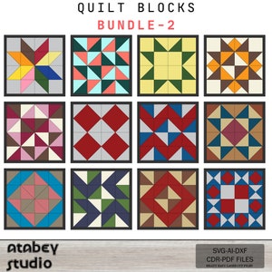 May include: A set of 12 quilt block designs in various colours and patterns. The designs are arranged in a grid of 3 rows and 4 columns. The quilt blocks are ready to be cut out and used for quilting projects. The text "QUILT BLOCKS BUNDLE-2" is at the top of the image. The text "SVG-AI-DXF CDR-PDF FILES READY EASY LASER CUT FILES" is at the bottom of the image.