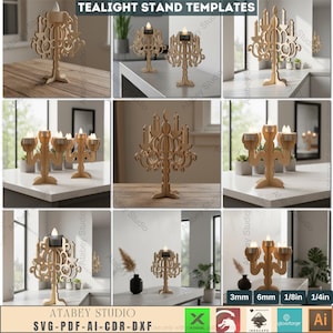 Puede incluir: Una colección de plantillas de portavelas de té de madera. Los soportes están intrincadamente cortados con patrones decorativos y sostienen múltiples velas de té. La imagen muestra diferentes ángulos y arreglos de los candelabros, destacando su diseño y uso potencial.