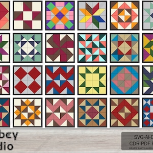 Peut inclure: Vingt-quatre motifs de blocs de courtepointe différents avec divers motifs géométriques et combinaisons de couleurs. Chaque bloc est un carré avec une bordure noire.