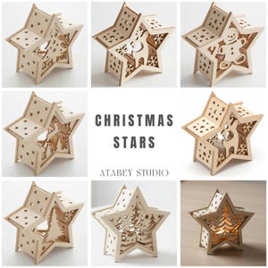 May include: Wooden star-shaped Christmas decorations with cut-out designs of stars, reindeer, gingerbread men, and trees. The decorations are made of light-colored wood and have a three-dimensional appearance. The text "CHRISTMAS STARS" and "ATABEY STUDIO" are also visible.