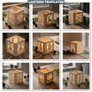 Op de afbeelding: Houten lantaarn sjablonen met diverse uitgesneden ontwerpen, waaronder herten, sneeuwvlokken en kerstbomen. De vierkante lantaarns geven een warm licht. De tekst "LANTERN TEMPLATES" staat bovenaan.
