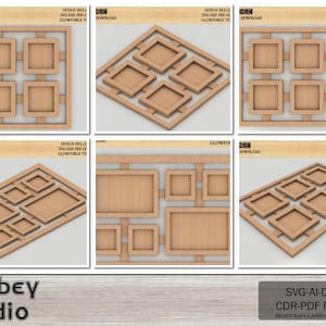 Puede incluir: Seis diseños diferentes para marcos de fotos, cada uno con una disposición diferente de aberturas cuadradas. Los marcos son de madera y están listos para ser cortados con un cortador láser. Los diseños incluyen archivos SVG, AI, DXF, CDR y PDF.