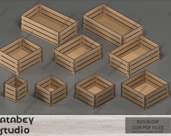 Wood Crate Boxes - Crates Vector Cut Files - Hobby Gift box multiple sizes - DIY Crate Box Set 566