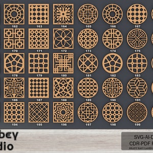 May include: A set of 40 laser cut designs, numbered 161 to 200, featuring geometric patterns in a light brown color. The designs are arranged in a grid format on a dark background. The text "SVG-AI-DXF CDR-PDF FILES READY EASY LASER CUT FILES" is at the bottom of the image.