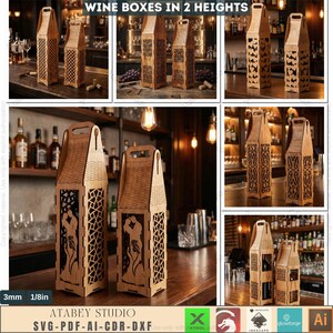 Op de afbeelding: Houten wijnkisten in twee hoogtes, met ingewikkelde lasergesneden ontwerpen. De kisten hebben een handvat en worden op een bar getoond. De tekst "WINE BOXES IN 2 HEIGHTS" is zichtbaar.