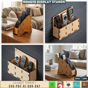 Puede incluir: Soportes de madera para mandos a distancia en varios diseños. Los soportes son de madera clara y tienen varios compartimentos para guardar mandos a distancia. El texto "REMOTE DISPLAY STANDS" está en la parte superior. Los soportes tienen 3 mm de grosor.