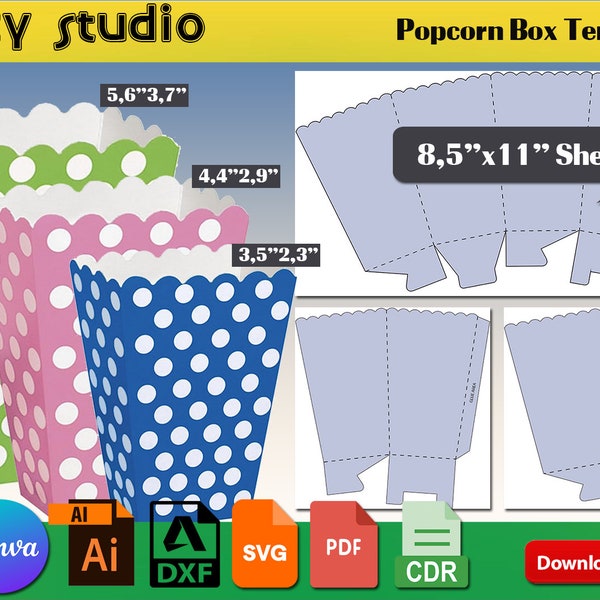 3 sizes Popcorn Box Template Set / DIY Snack Box / Popcorn Bucket / Party Favor Decorations Svg Dxf Ai Cdr 524