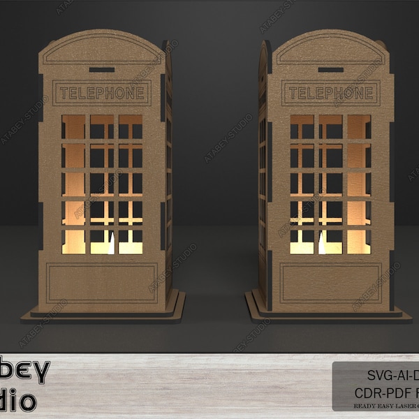 British London Phone Booth Tea Light holder - English Telephone Lantern Candle Holder - Wooden Vector Cut Files Svg Dxf Cdr Ai 569